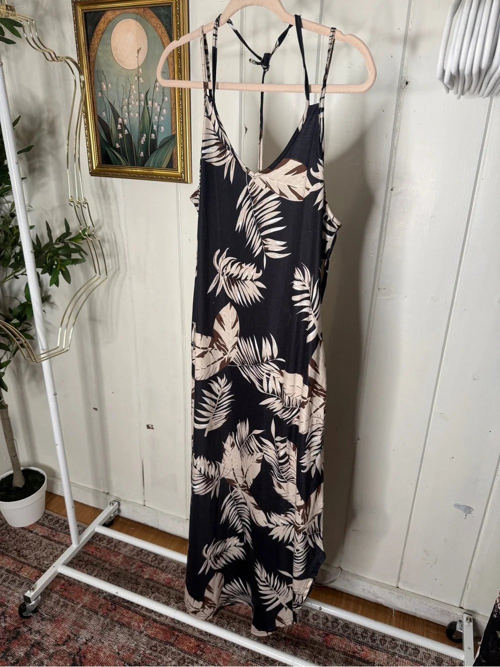 Black Maxi Slip Dress with Beige Tropical Leaf Print